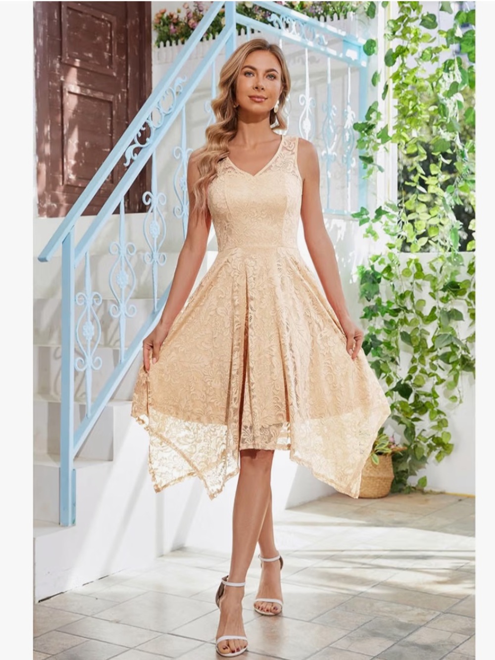 Sleeveless Lace Asymmetrical Handkerchief Hem Dress in Champagne